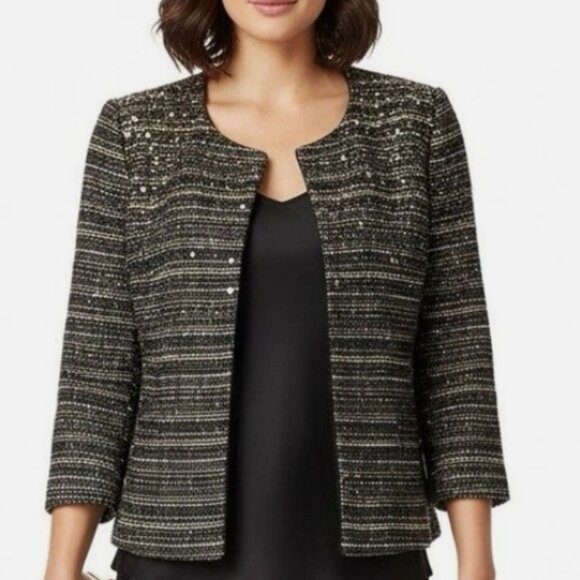 Anthropologie Pleione Bellatrix Three Quarter Sleeve Black Tweed Jacket Size Sma - Picture 2 of 3